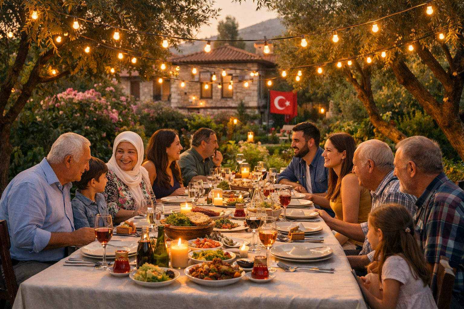 Bahcede duzenlenmis aile yemegi